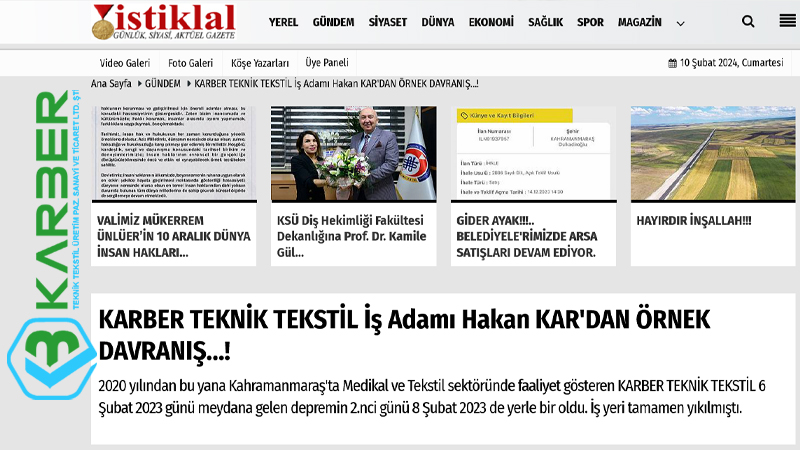 KARBER TEKNİK TEKSTİL İş Adamı Hakan KAR'DAN ÖRNEK DAVRANIŞ